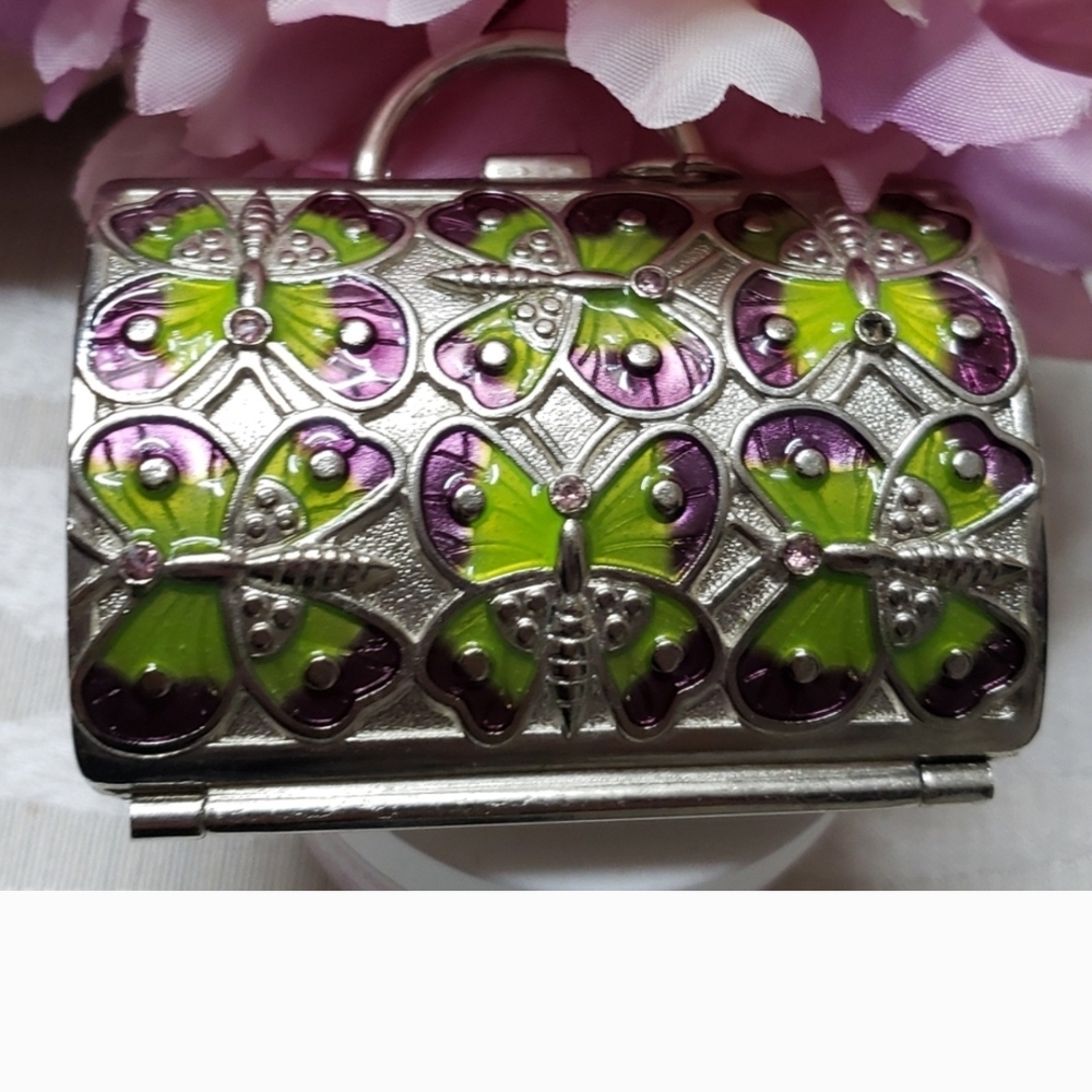 Judith Leiber For Neiman Marcus, Silver Box with Green and Purple Butterflies